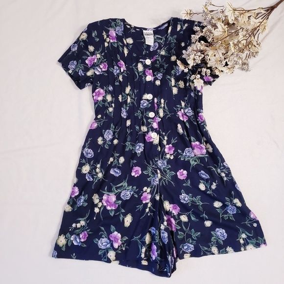 VINTAGE Basic Editions Med Navy Blue W/ Purple Flowers Button front Romper - Picture 8 of 16